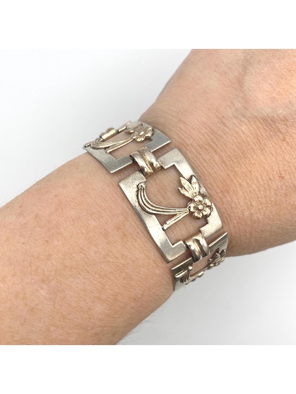 Vintage Sterling Silver Floral Panel Bracelet, Golden Wash, 7 Inch